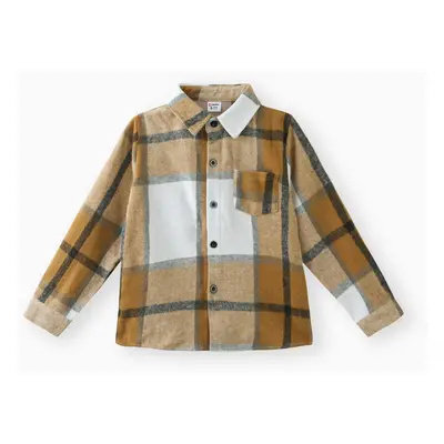 Kid Boy Lapel Collar Button Design Long-sleeve Plaid Shirt