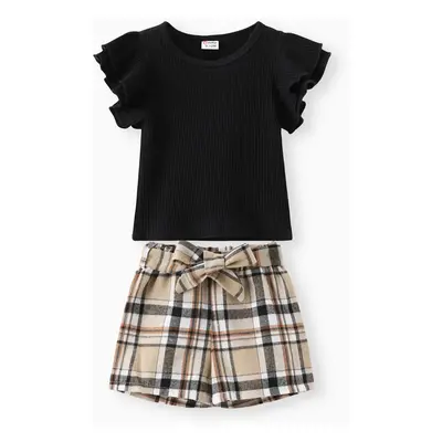 3pcs Baby Girl Solid Cotton Ribbed Flutter-sleeve Top and Plaid Shorts with Belt Set