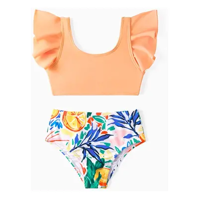 Family Matching Orange Printed Drawstring Swim Trunks or Ruffle Sleeves Cross Bikini