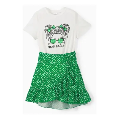 2pcs Kid Girl Figure Print Short-sleeve Top and Polka Dots Ruffled Tie Side Wrap Skirt Set