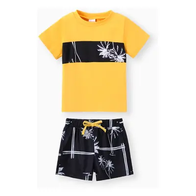 2pcs Toddler Trendy Boy Floral Tree Print Tee and Shorts Set