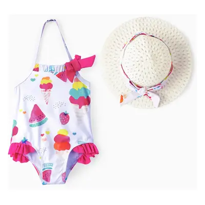 Toddler Girl Food Print Halter Ruffled Swimsuit with Hat