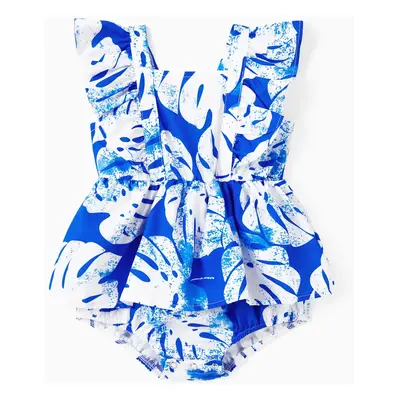 Family Matching Color Block Tee and Blue Leaf Pattern Shirred Top Strap Dress Sets