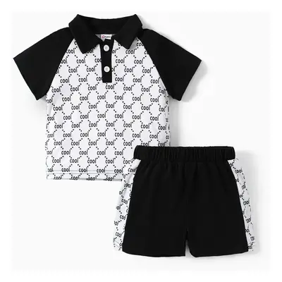 Boy's Short Sleeve Shirt and Black Shorts Set, Avant-garde Style with Shirt Collar, 2pcs