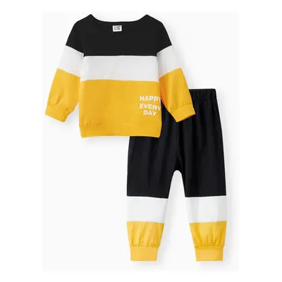 2pcs Baby Boy 95% Cotton Long-sleeve Letter Print Colorblock Sweatshirt and Pants Set