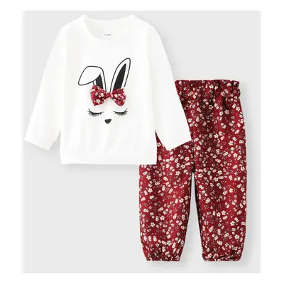 2pcs Baby Girl 95% Cotton Long-sleeve Cartoon Rabbit Print Sweatshirt and Floral Print Trousers 