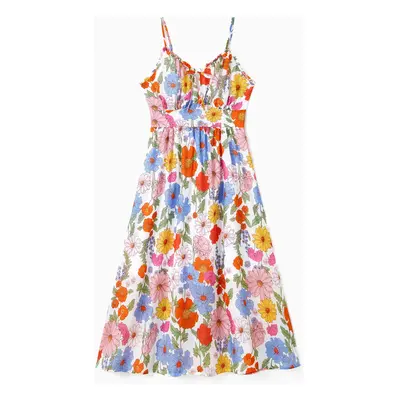 Family Matching Sets Colorful Striped Tee or Floral Ruched Bust Tie Neck Sleeveless Strap Dress