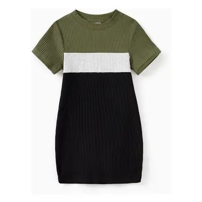 Family Matching Sets Ribbed Three-Color Block Short Sleeves Tee or Bodycon Dress