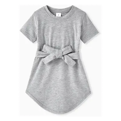 Toddler Girl Basic Solid Belted Short-sleeve Dress