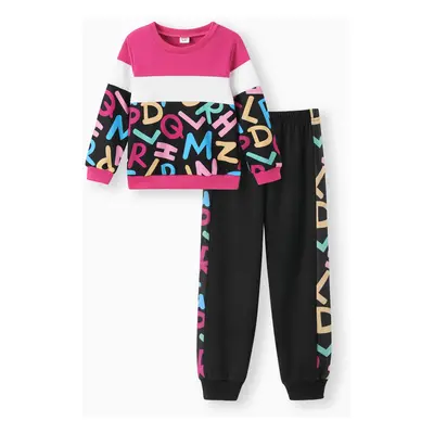 2pcs Kid Girl Letter Print Colorblock Sweatshirt and Elasticized Pants Set