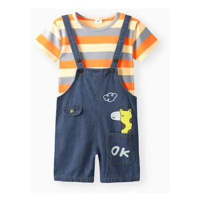 2pcs Baby Boy/Girl 95% Cotton Short-sleeve Striped Tee and Cartoon Giraffe Print Denim Overalls 