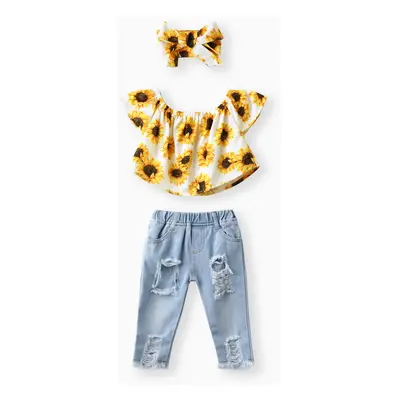 Baby Girl 3pcs Sweet Off-Shoulder Tee and Denim Jeans and Heandband Set