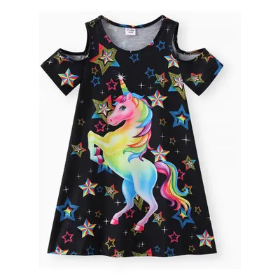 Kid Girl Unicorn Stars Print Cold Shoulder Short-sleeve Dress