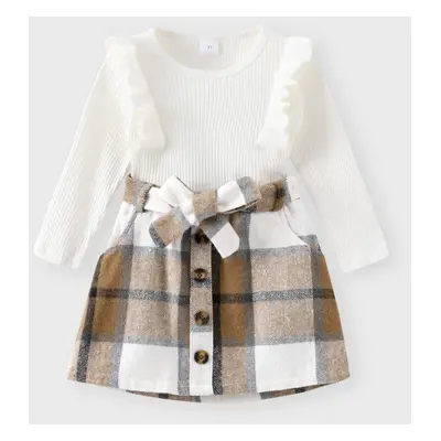 2pcs Toddler Girl Trendy Ruffled Ribbed Long-sleeve Tee and Plaid Button Design Skirt Set