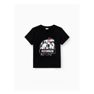 Family Matching Cotton Black Short Sleeves Dinosaur Graphic Tops