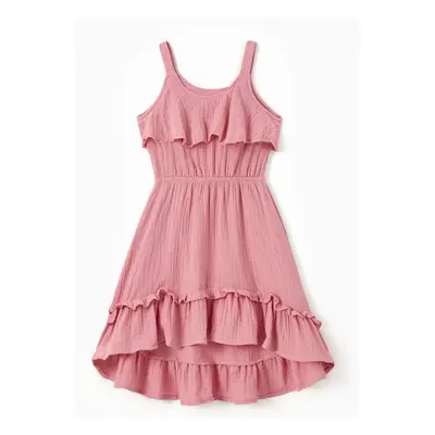 Mommy and Me Matching Pink Button Up Belted Ruffle Trim High-Low Dresses