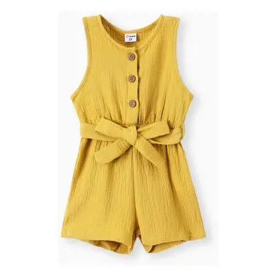 Toddler Girl 100% Cotton Solid Color Button Design Sleeveless Belted Romper Jumpsuit Shorts