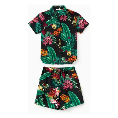 Family Matching Co-ord Sets Tropical Plant Floral Shirt and Drawstring Shorts with Pockets