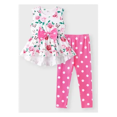 2-piece Toddler Girl Floral Print Bowknot Design Ruffled High Low Sleeveless Tee and Polka dots 