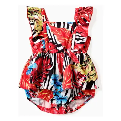 Family Matching Red Leaf Print Zebra Stripe Beach Shirt and High Neck Halter Belted Dress Sets