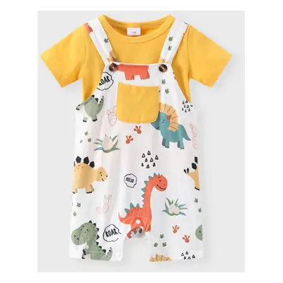 2pcs Baby Boy Short-sleeve Solid Tee and Allover Dinosaur Print Overall Romper Set