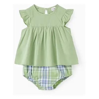 Family Matching Sets Green Plaid Shirt or Scoop Neck Sleeveless Elastic Waist A-Line Dress