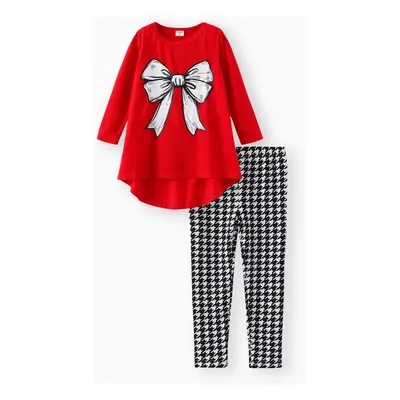 2pcs Toddler Girl Bowknot Print High Low Long-sleeve Tee and Houndstooth Leggings Set