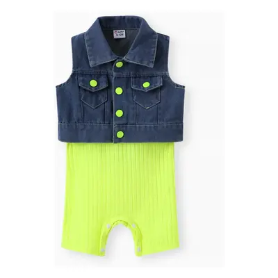 2pcs Baby Girl Solid Rib-knit Romper and Button Up Front Vest Denim Jacket Set