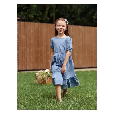 Mommy and Me Blue Cotton Round Neck Bubble Sleeves Ruffle Hem Dresses