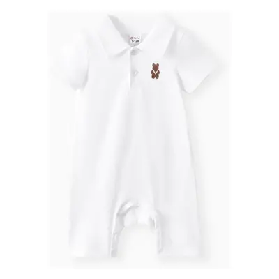 Baby Boy Bear Embroidered Polo Collar Button Up Short-sleeve Jumpsuit