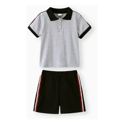 2pcs Toddler Boy Casual Colorblock Striped Polo Shirt and Shorts Set