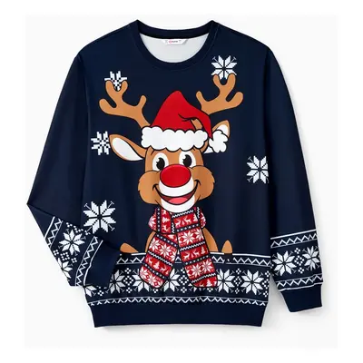 Christmas Family Matching Cartoon Reindeer Graphic Snowflake Background Long Sleeves Tops