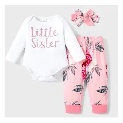 3pcs Baby Girl 95% Cotton Long-sleeve Letter Print Romper and Floral Print Pants with Headband S