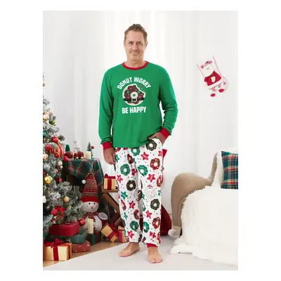 Christmas Family Matching Donut Worry Be Happy Allover Pants Pajamas Sets with Drawstring and Po