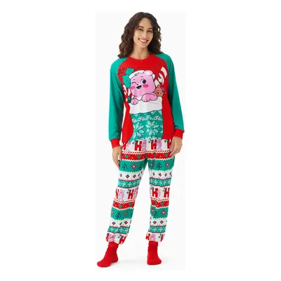 Care Bear Family matching Christmas Santa Hat Snowflake Print Colorblock Pajamas Set(Flame Resis