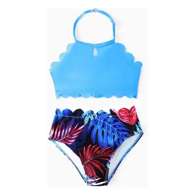 Family Matching Blue Floral Drawstring Swim Trunks or Shell Trim Spliced One-Piece Swimsuit