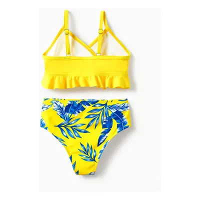 Family Matching Yellow Leaf Print Swim Trunks or Ruched Flutter Sleeve Bikini with Optional Swim