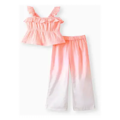 2pcs Toddler Girl Ruffled Crepe Camisole and Belted Gradient Color Pants Set