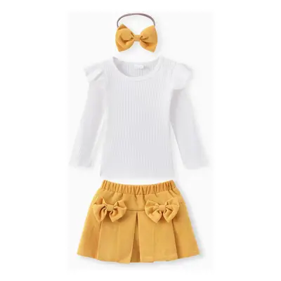 3pcs Baby Girl 95% Cotton Ribbed Ruffle Long-sleeve Top and Bow Front Skirt & Headband Set