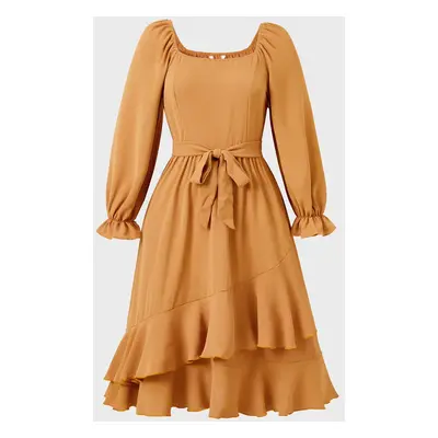 Family Matching Long Sleeves Polo Shirt or Puff Sleeves Square Neck Ruffle Hem Tiered Dress