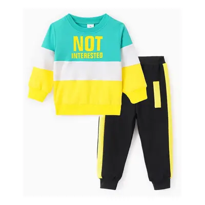 2pcs Toddler Boy Letter Print Colorblock Cotton Pullover Sweatshirt and Pants Set