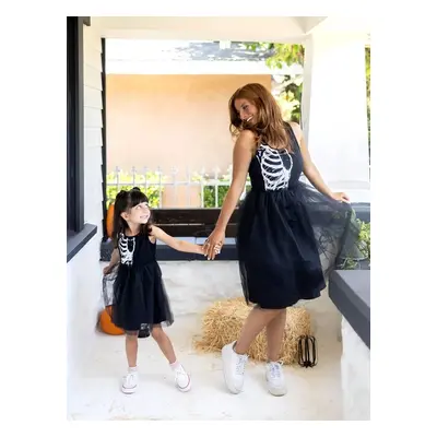 Halloween Family Matching Sets Spooky Skeleton Tee or Sleeveless A-Line Tulle Dress