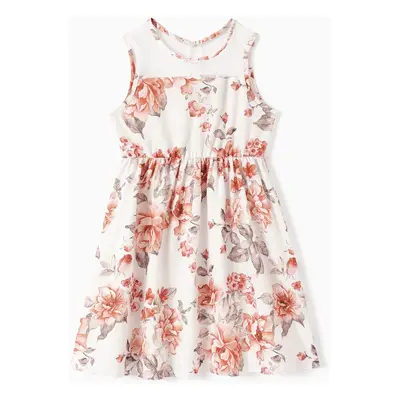 Kid Girl Floral Print Mesh Design Sleeveless Dress