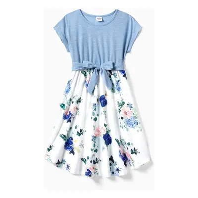 Family Matching Floral Colorblock T-Shirt and Quarter Button Belted Spliced A-Line Dress Sets