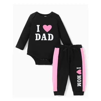 2pcs Baby Girl Love Heart and Letter Print Long-sleeve Romper with Trousers Set