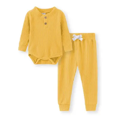 2pcs Solid Waffle Long-sleeve Baby Set