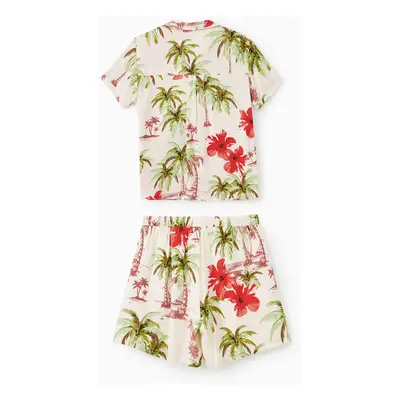 Family Matching Sets Tropical Floral Printed Button Up Beach Shirt and Shorts with Drawstring an