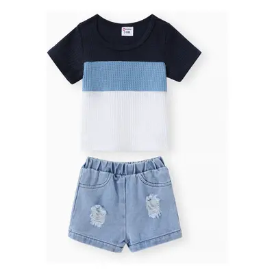 2pcs Baby Boy Color Block Waffle Top and 100% Cotton Ripped Denim Shorts Set