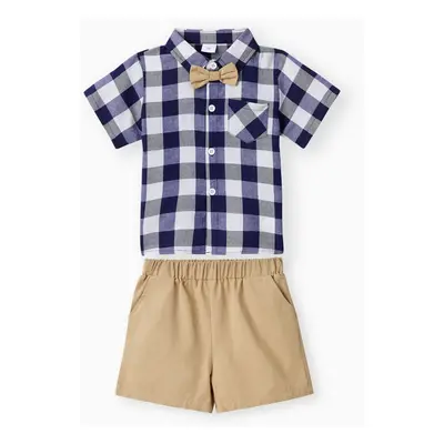 2pcs Toddler Boy Casual Plaid Shirt & Khaki Shorts Set