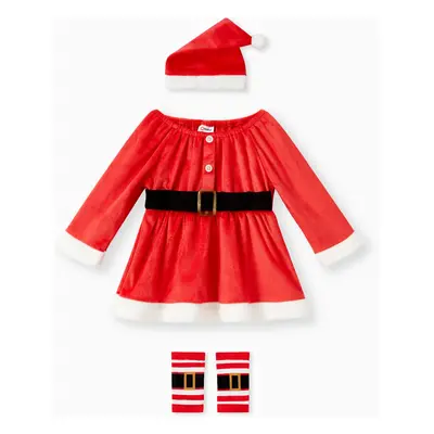 Christmas 3pcs Baby Girl Red Fleece Long-sleeve Dress with Xmas Hat & Calf Sleeves Set